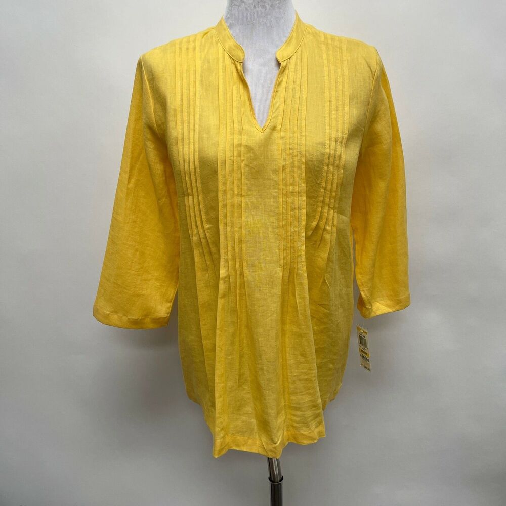 Charter Club Luxury Women's Top Medium Yellow 100% Linen Pleated NWT